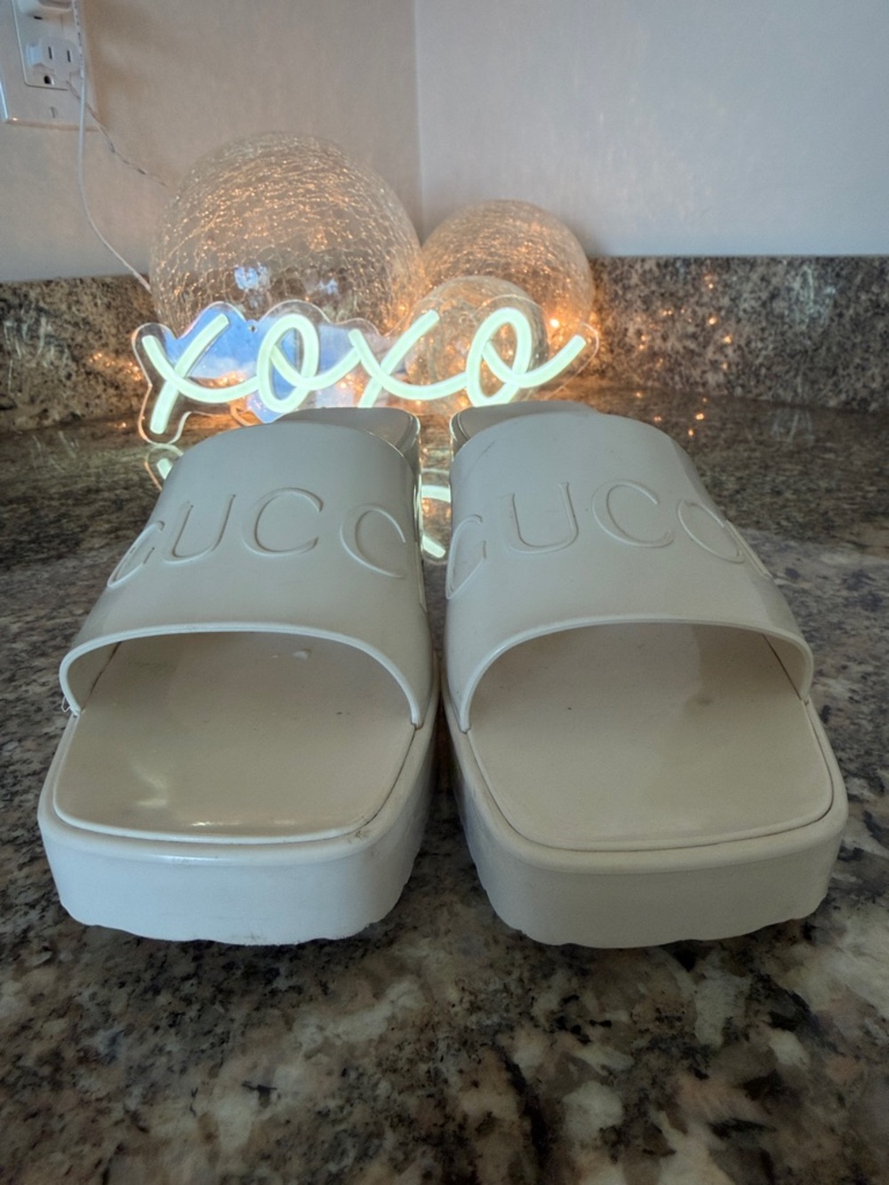 Gucci Women's Ivory Embossed Logo Slide Sandals - Picture 9 of 15